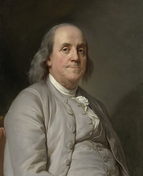 Painted portrait of Benjamin Franklin with grey hair